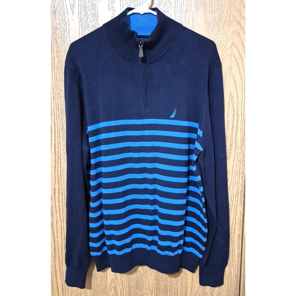 Nautica Men’s Navy & Light Blue Striped Long Sleeve 100% Cotton Pullover Knit L